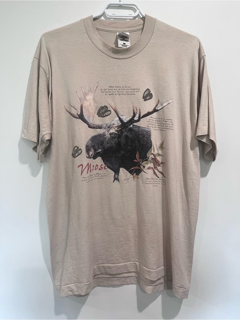 Vintage Fruit of the Loom Moose Wildlife Graphic Tee Beige Tan Large Nature